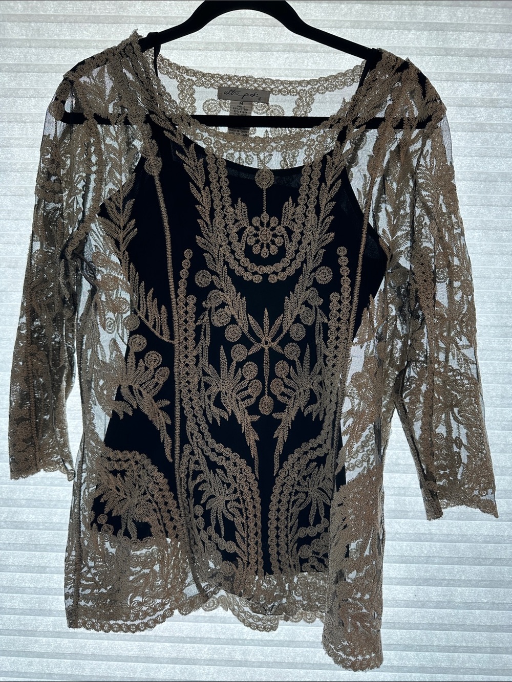 Ultra Pink Black Camisole with Taupe Lace Overlay Tunic